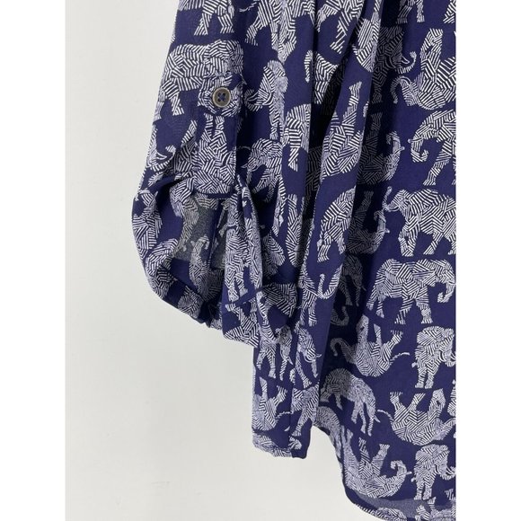 Mix by 41 Hawthorn Navy Blue Elephant Print Long Roll Tab Sleeve Top Shirt Small - Picture 3 of 12